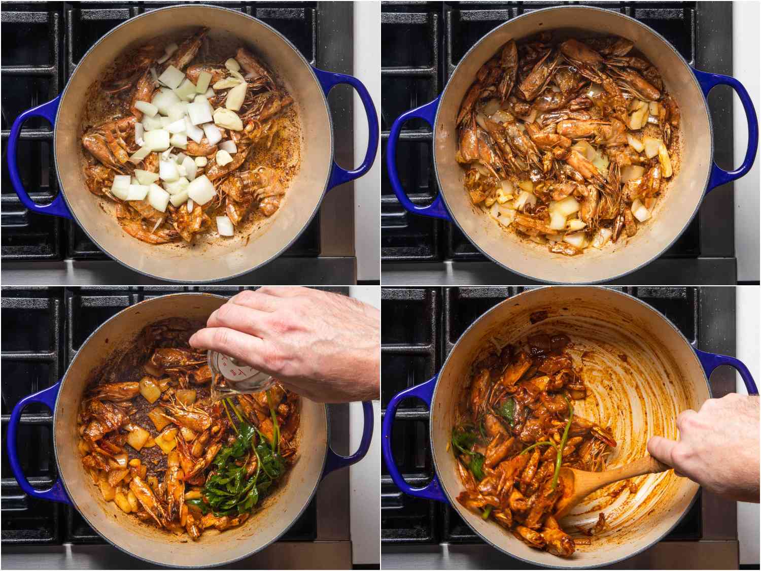 Cooking aromatics in Dutch oven for shrimp stock