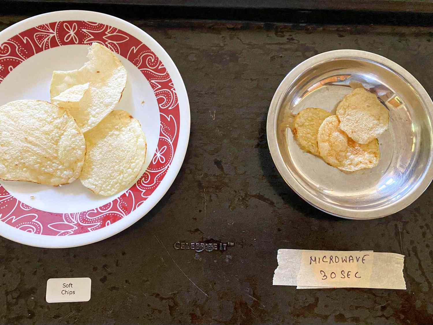 Two plates of chips: One labeled "Soft Chips" and one labeled "Microwave 30 Sec"