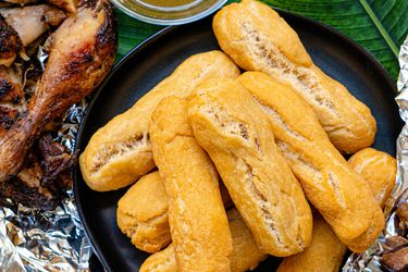 Overhead view of festivals with jerk chicken 