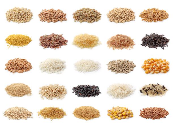small piles of 25 different whole grains such as different rices, corn, wheat berries, millet, and others. 