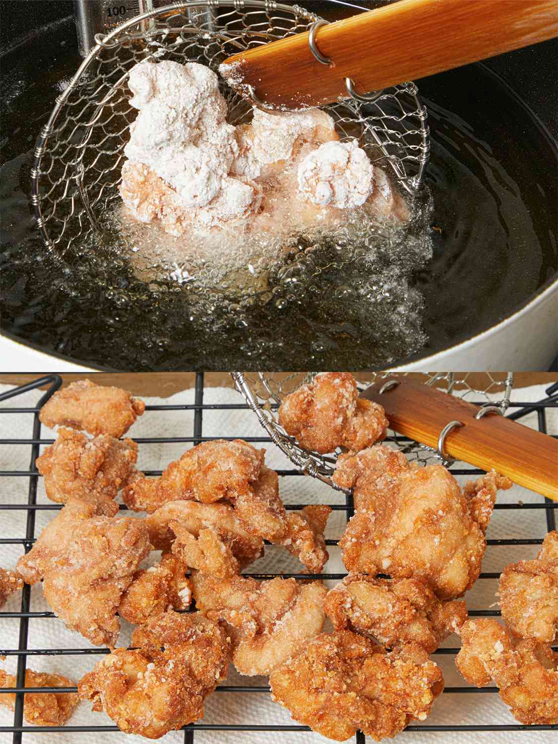 Two Image Collage. Top: Chicken being lowered into frying oil with a spider. Bottom: Chicken after being fried once resting on a wire rack
