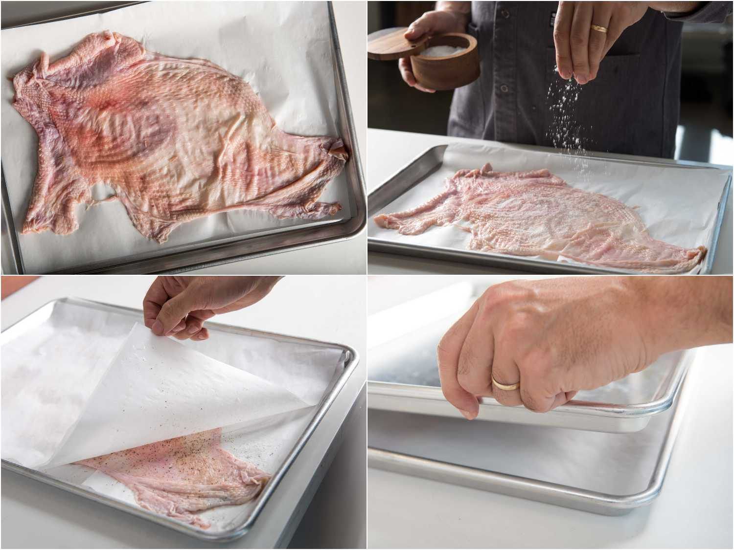 Photos showing a large piece of turkey skin being salted and then prepared to be cooked until golden and crispy