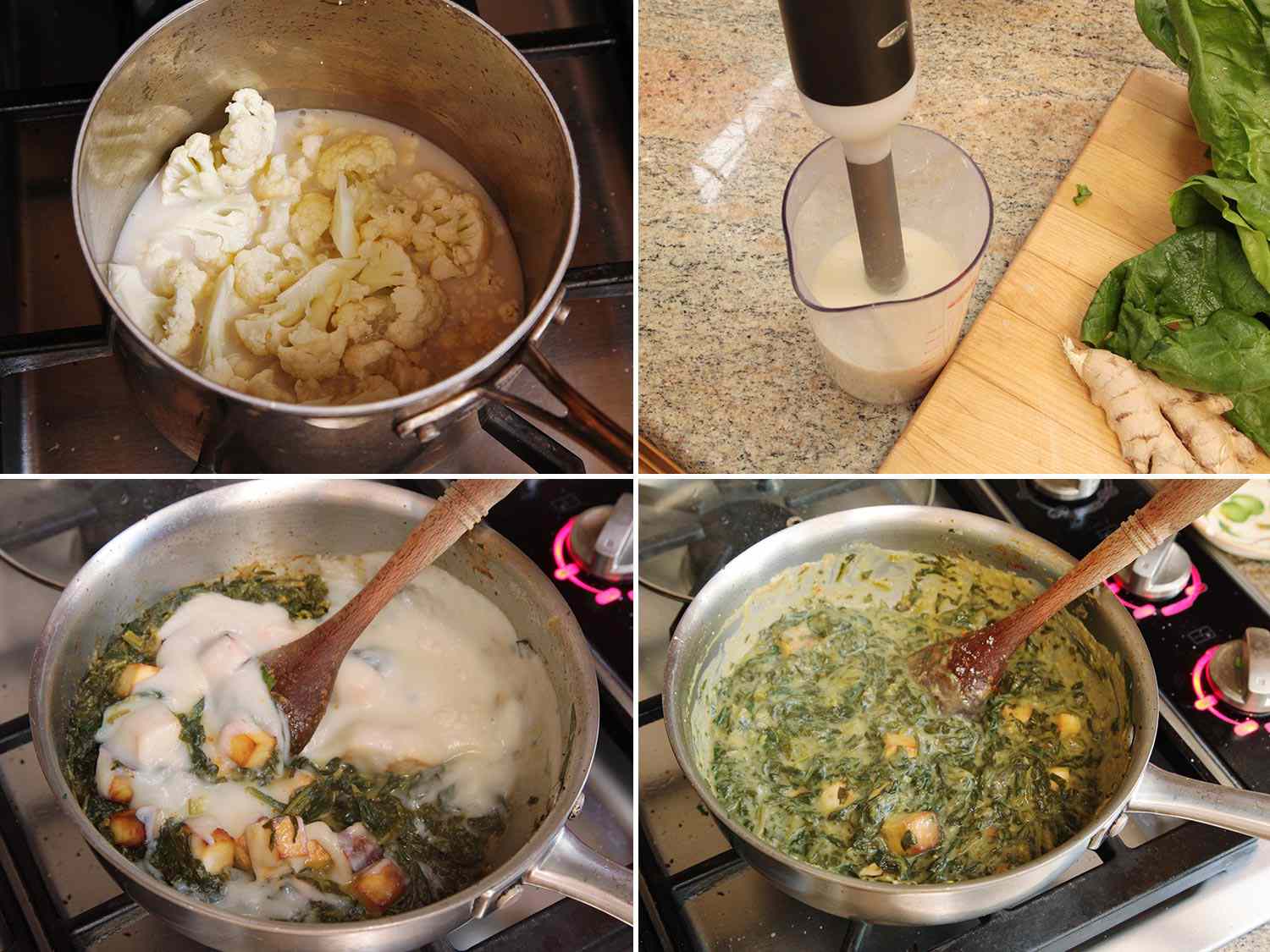 A four-image collage of simmering and puréeing cauliflower with nut milk and then stirring the mixture into the saag paneer.