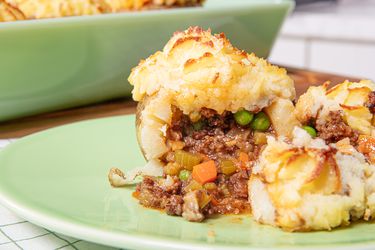 Side view of shepherds pie baked potato