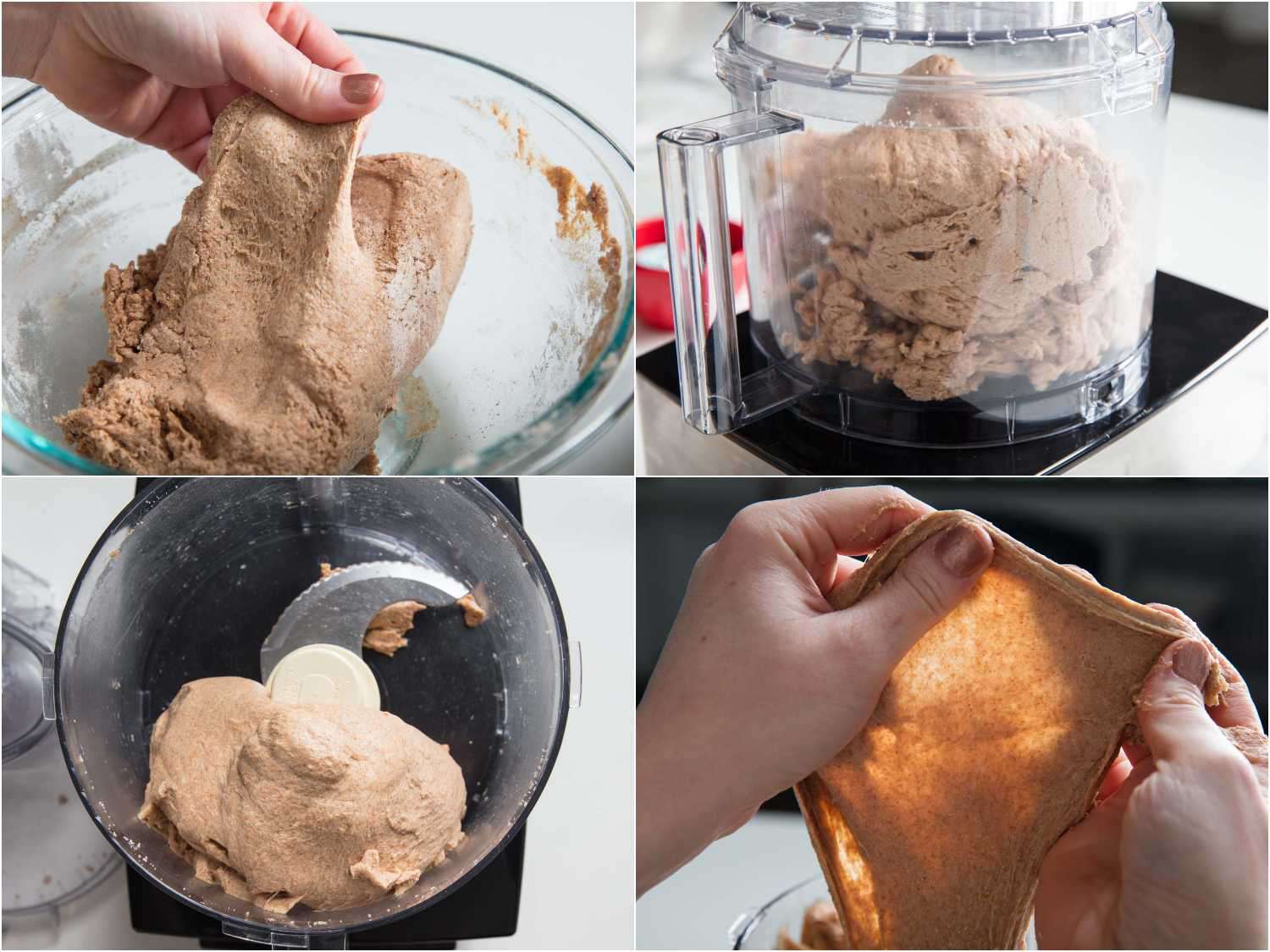 Collage of mixing 100% whole wheat bread dough in a food processor and stretching the dough for the windowpane test. 
