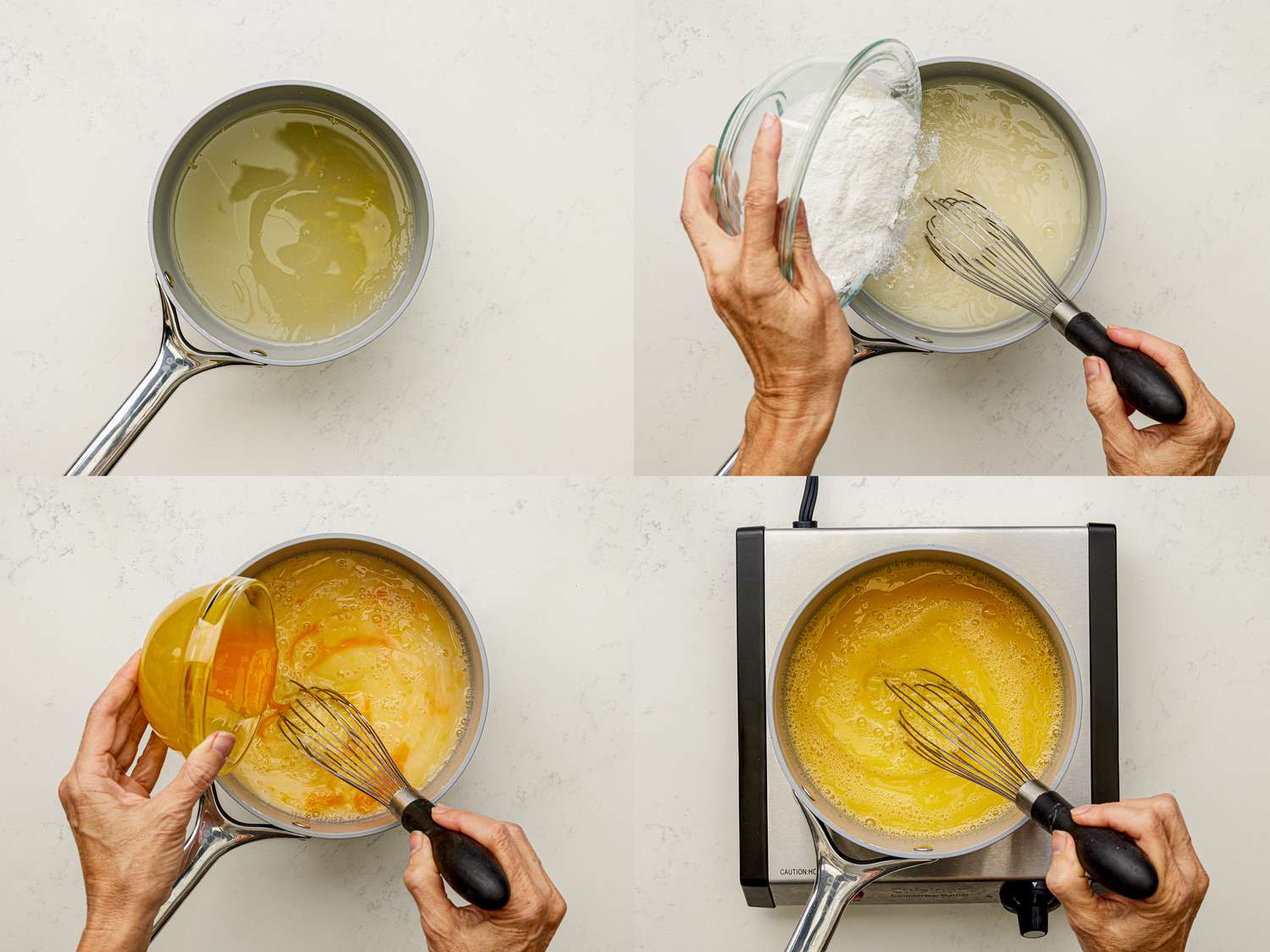 Four image collage of making the lemon filling: combining sugar, water and lemon juice, adding cornstarch, adding egg yolk, and whisking everything until combined on the stovetop.