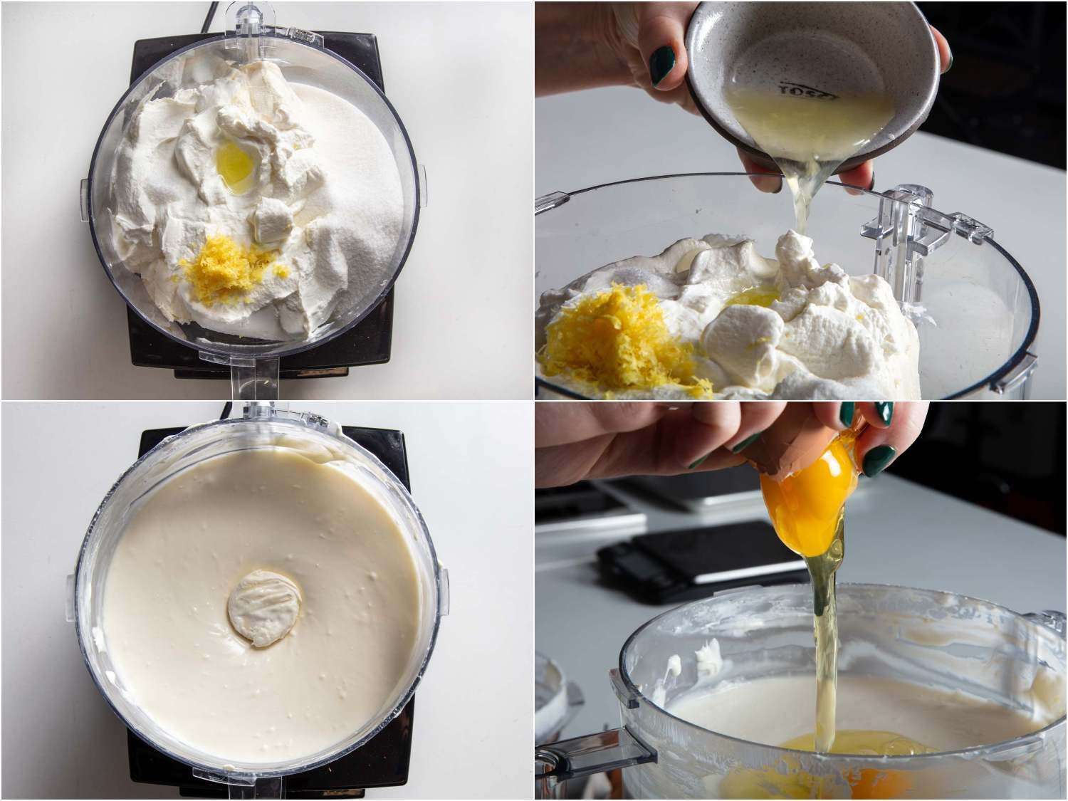 A collage of four images showing preparing the cheesecake batter in a food processor: adding ricotta, sugar, lemon zest and juice and process until smooth before adding eggs.