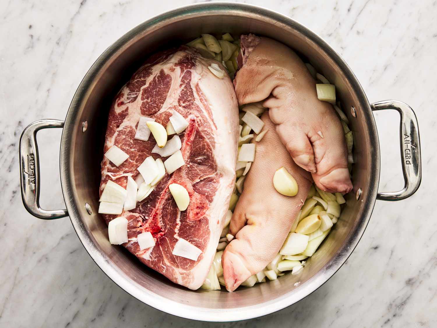 Overhead view of meat in a pot with onions and garlic