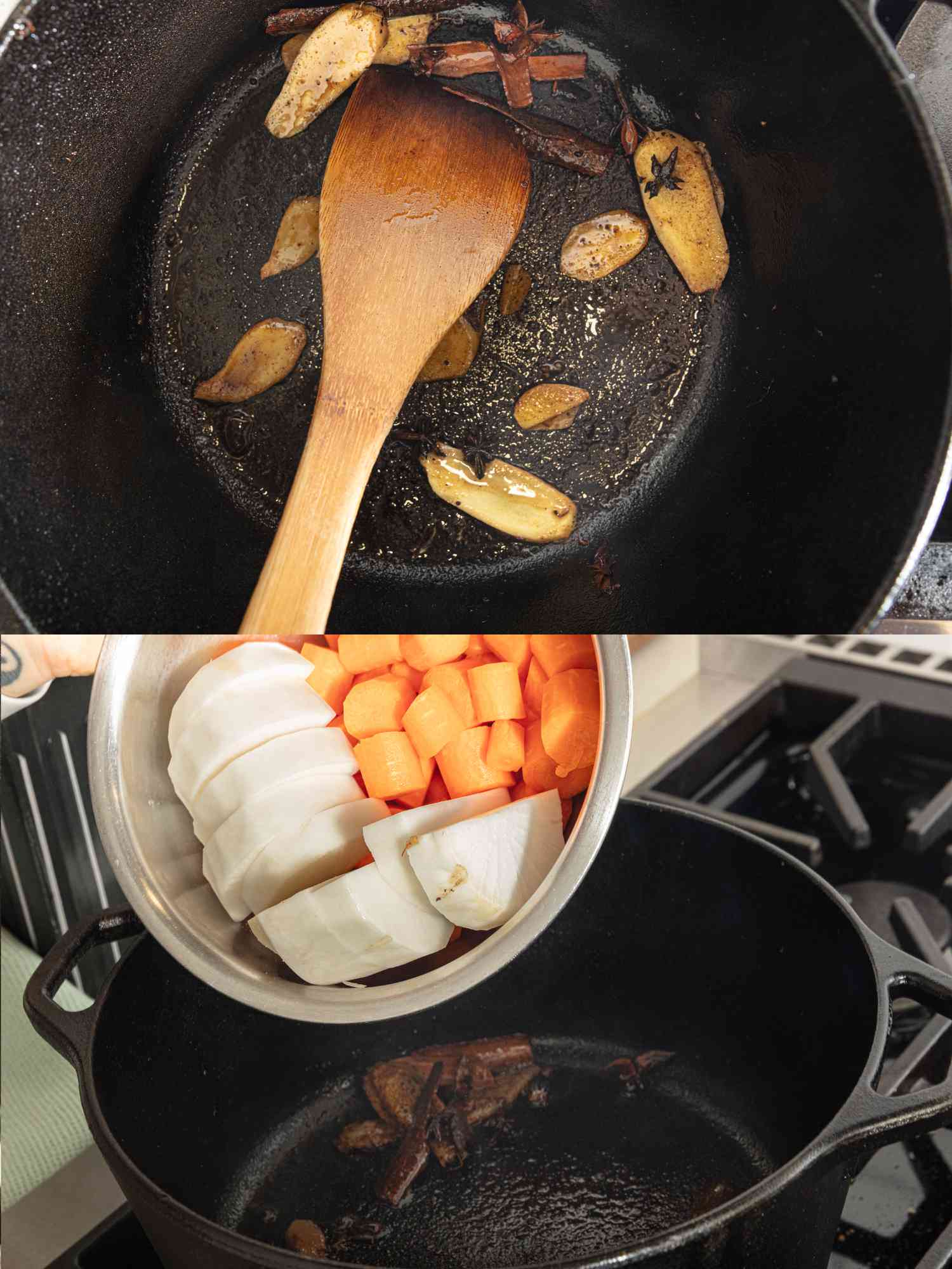 2 image collage. Top: ginger, star anise and cassia bark cooking in pot. Bottom: adding daikons and carrots into pot 