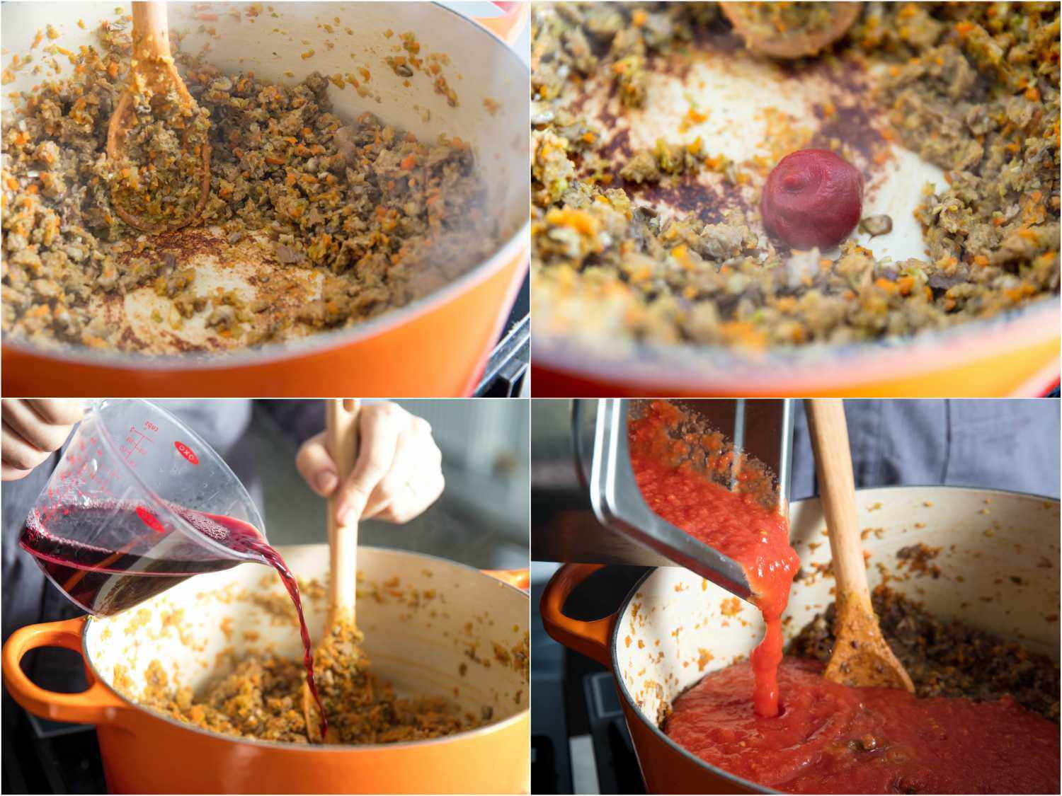 A collage: sauteeing mushroom, seitan and aromatics in a Dutch oven, adding tomato paste, red wine, and canned tomato to the same Dutch oven. 