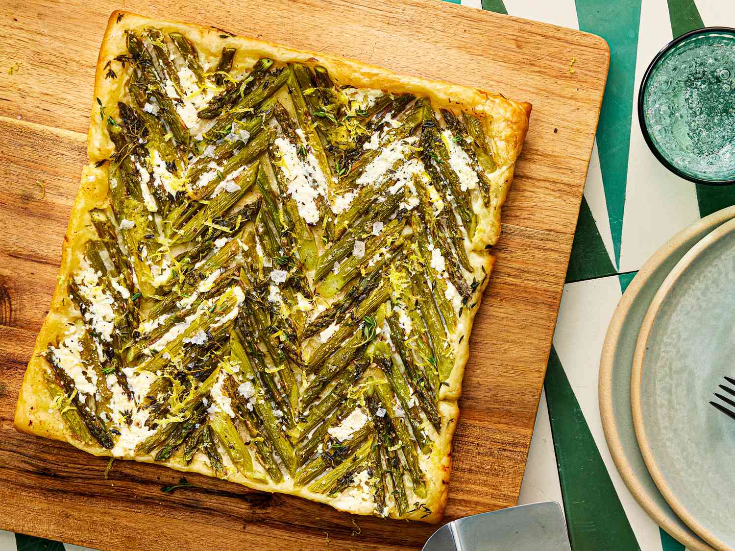Overhead view of asparagus upside down sheet tart