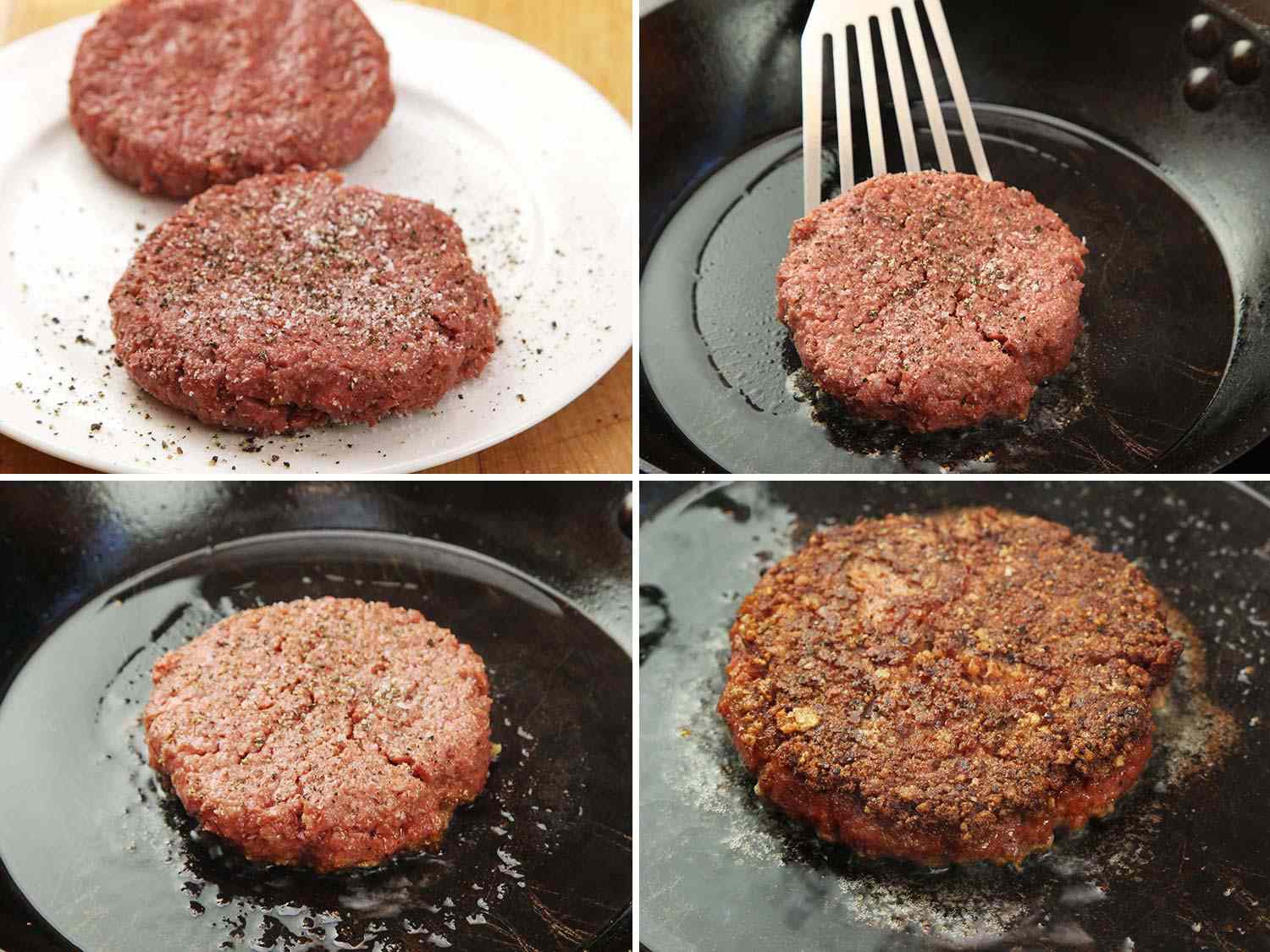 A collage showing seasoned Beyond Burger patties, a spatula putting a patty in a cast iron skillet, and cooking the burger patty.