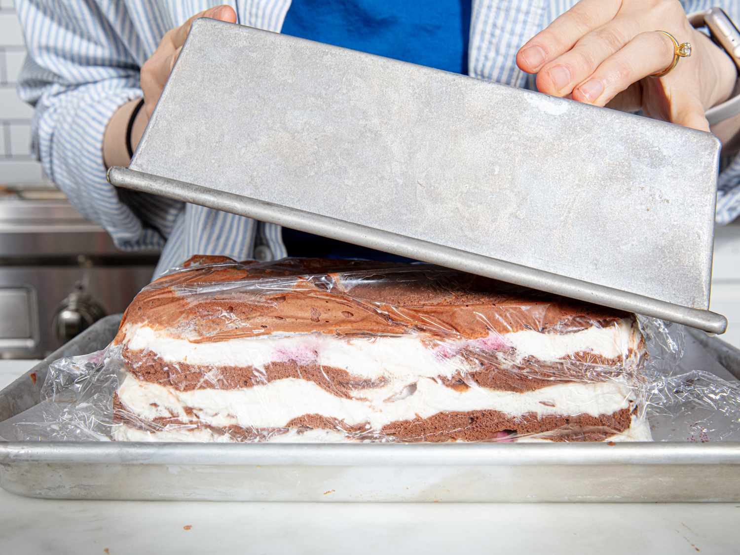Overhead view of building black forest icebox cake