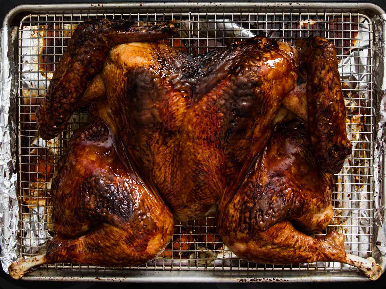 Overhead view of Chinese Red Sauce-Glazed Spatchcocked Turkey