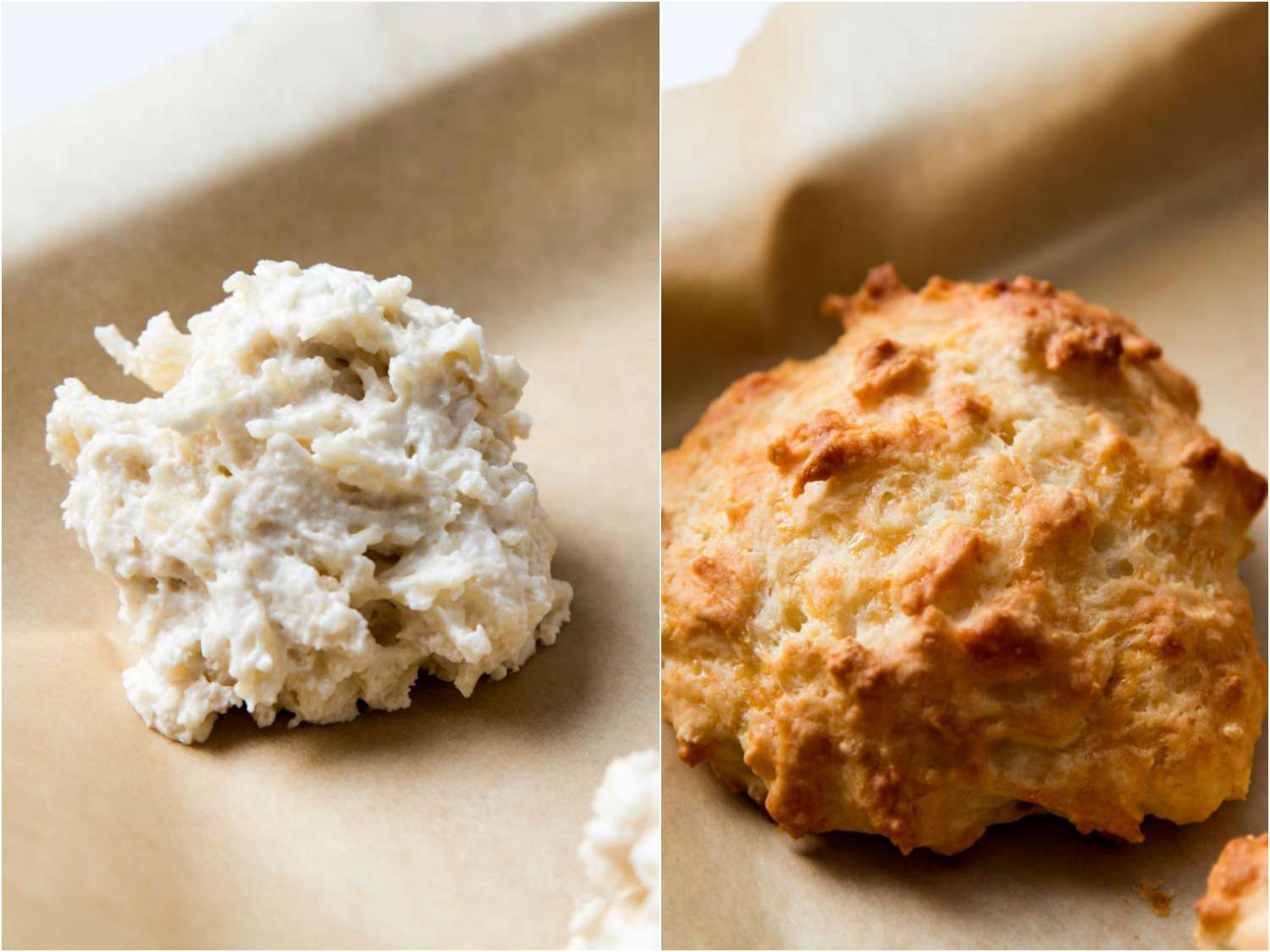 Biscuits made with yogurt and milk, before and after baking