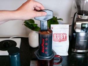 The Aeropress with Fellow Prismo Attachment mid-brew