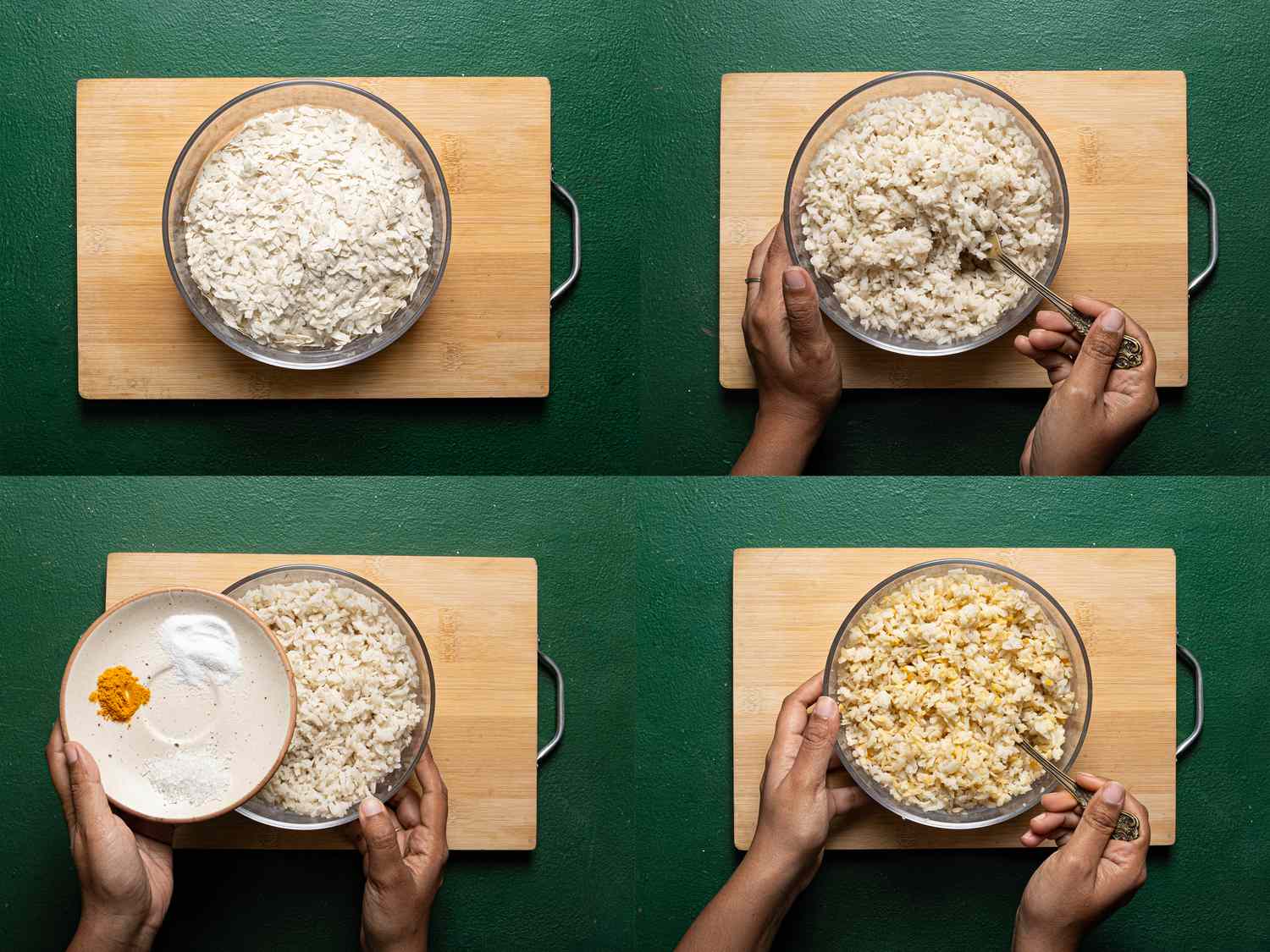 4 image collage of overhead view of Preparing pohe for cooking