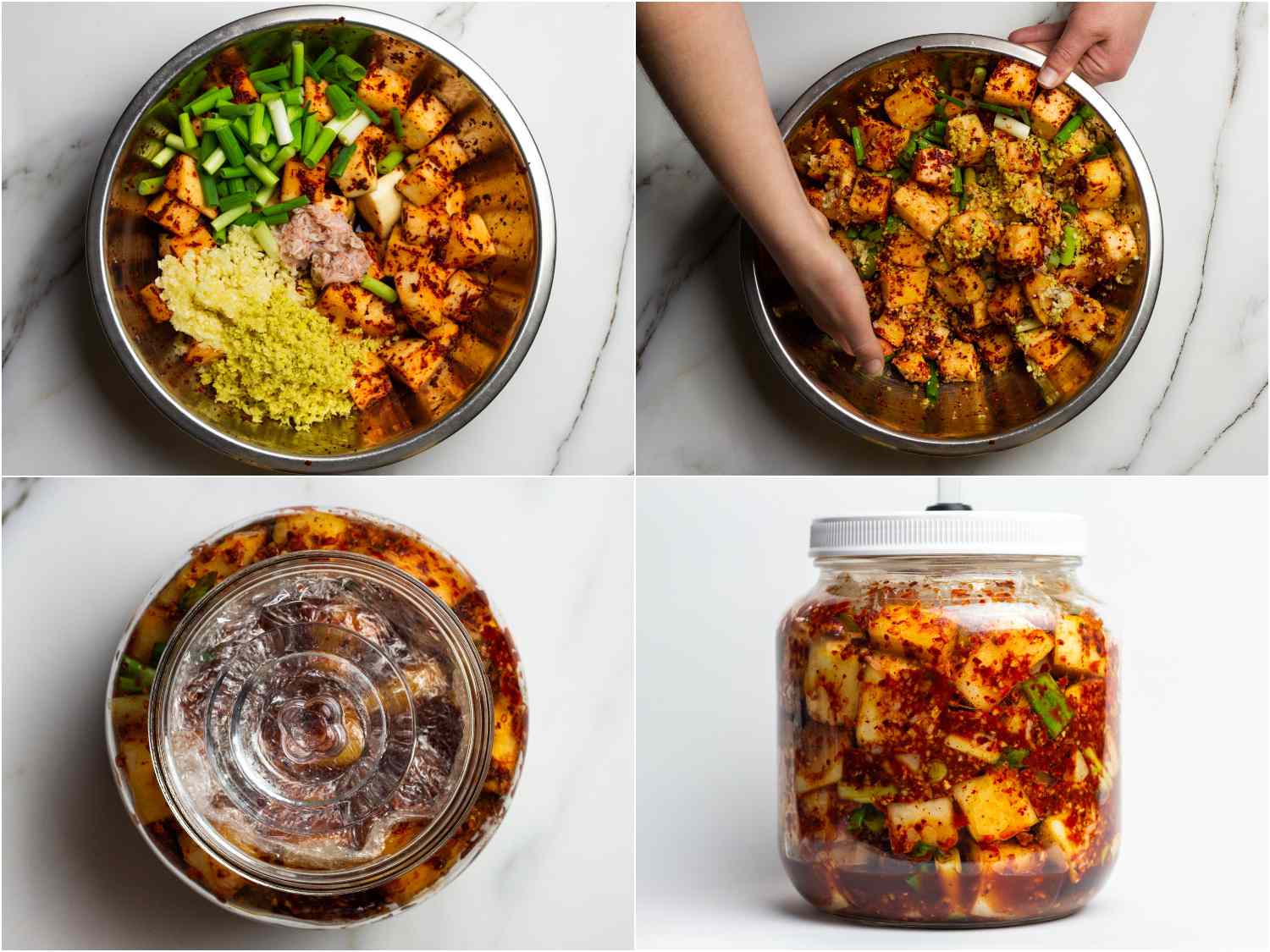 collage: garlic, ginger, scallions, saeujeot, and fish sauce added; mixing by hand until thoroughly combined; an overhead view of plastic wrap and weights added to the top of the mixture inside a fermentation jar; side view of fermentation jar
