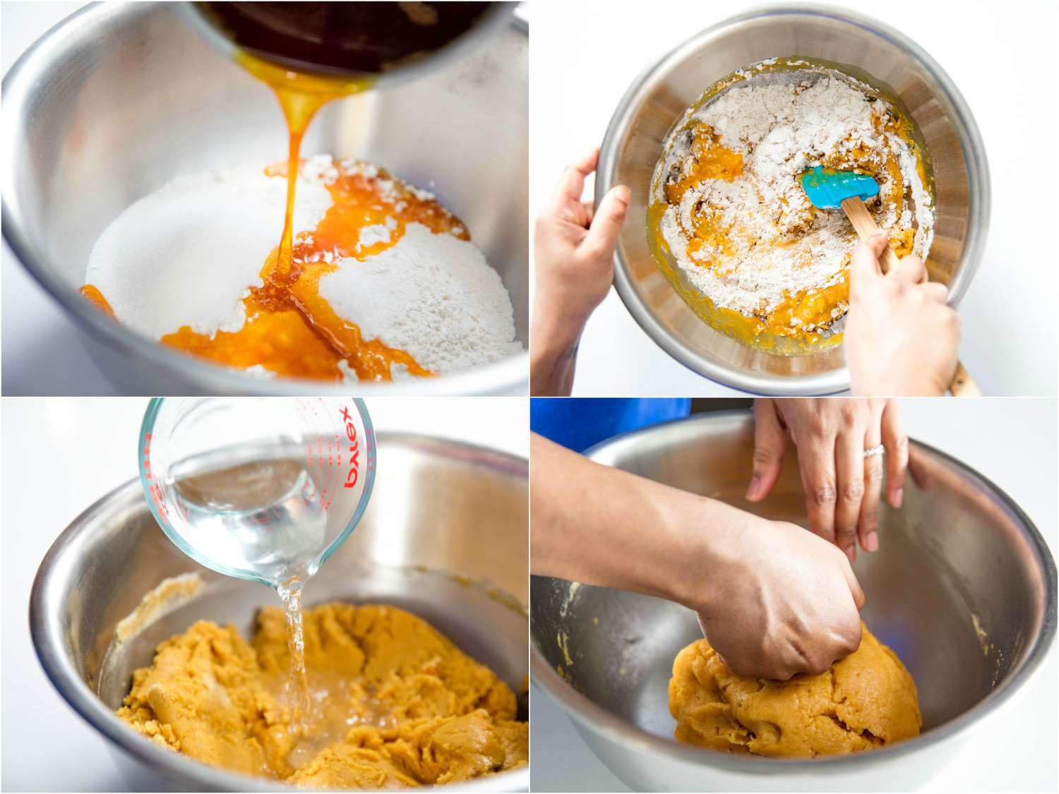 A four-image collage: The top left image shows the annatto oil-dyed butter added to the flour mixture. The top right image shows combining the flour and butter with a flexible spatula. The bottom left image shows adding water to the dough. The bottom right image shows a hand punching the dough ball in a mixing bowl. 