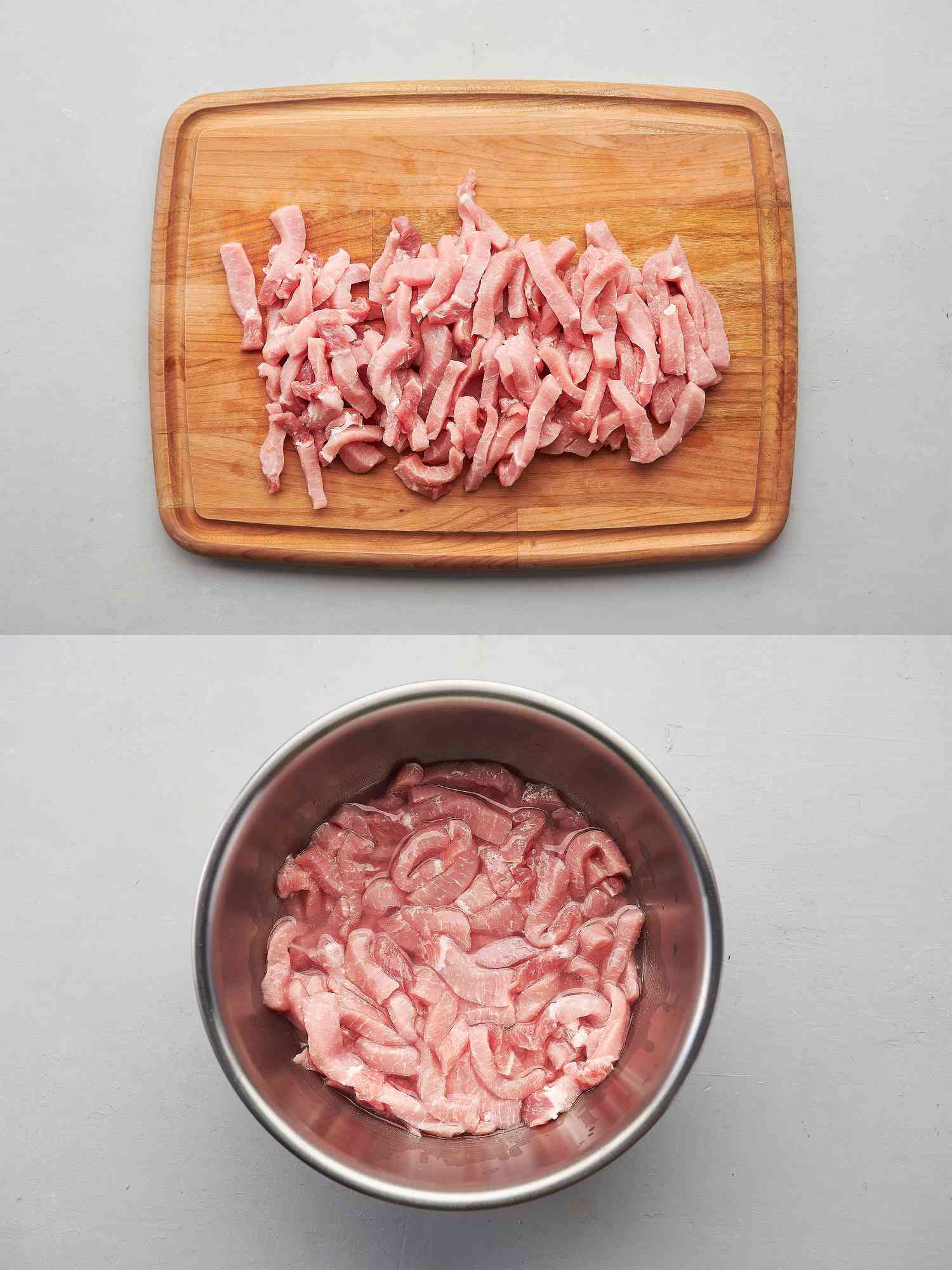 Pork cut into thin strips and pork stirred into baking soda mixture