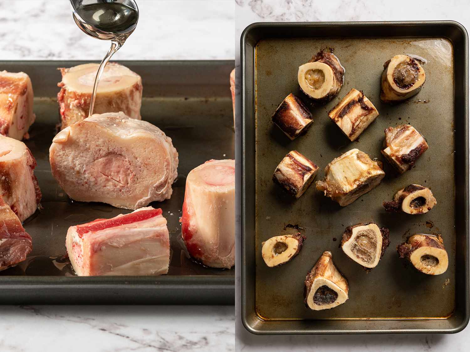 A 2-image collage of drizzling beef bones with oil on a baking sheet.