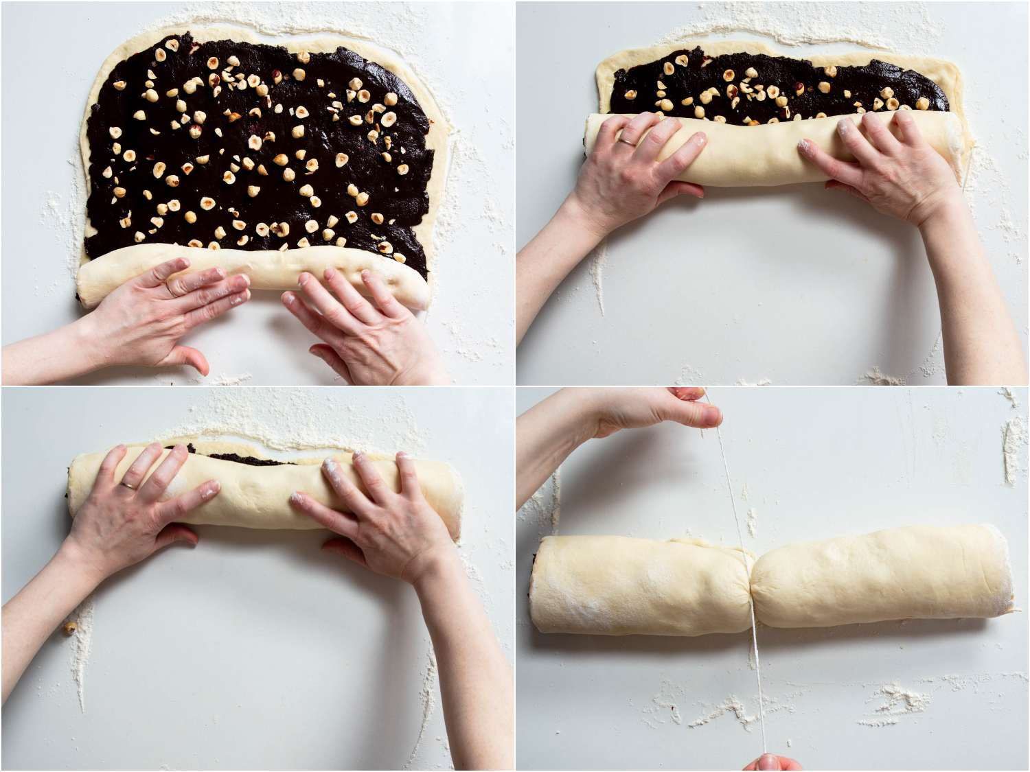 rolling the Nutella buns into a log, and slicing with a strip of butcher's twine