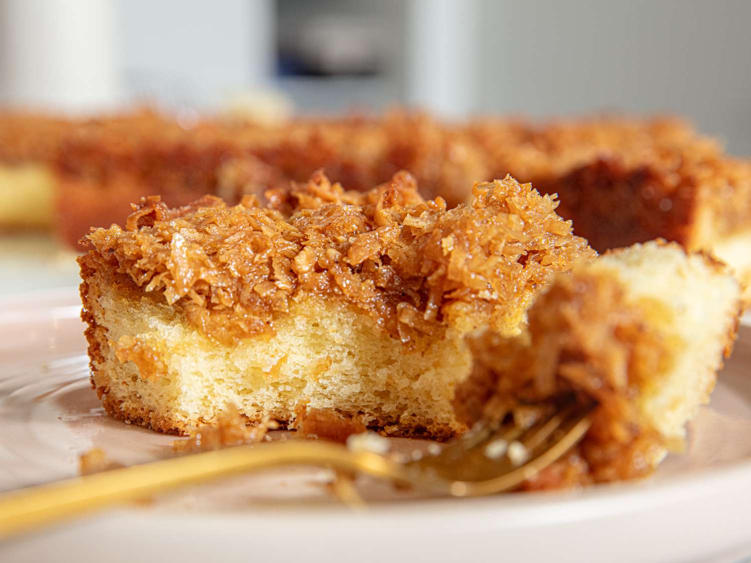 Slice of coconut-topped dessert cake on a plate with a fork