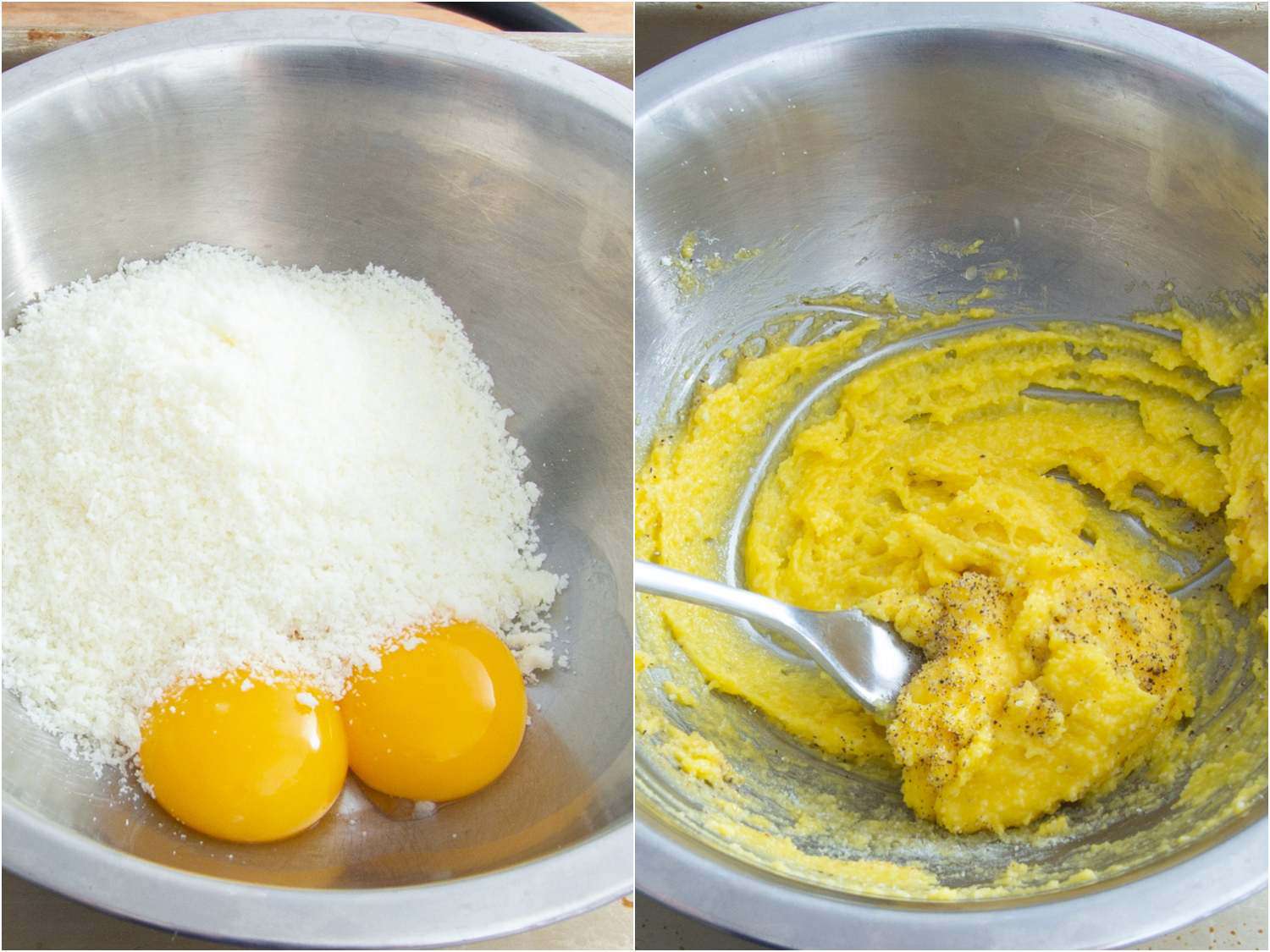 A split image. The left shows two egg yolks with shredded cheese in a mixing bowl. The right shows the ingredients being mixed together with a fork. 