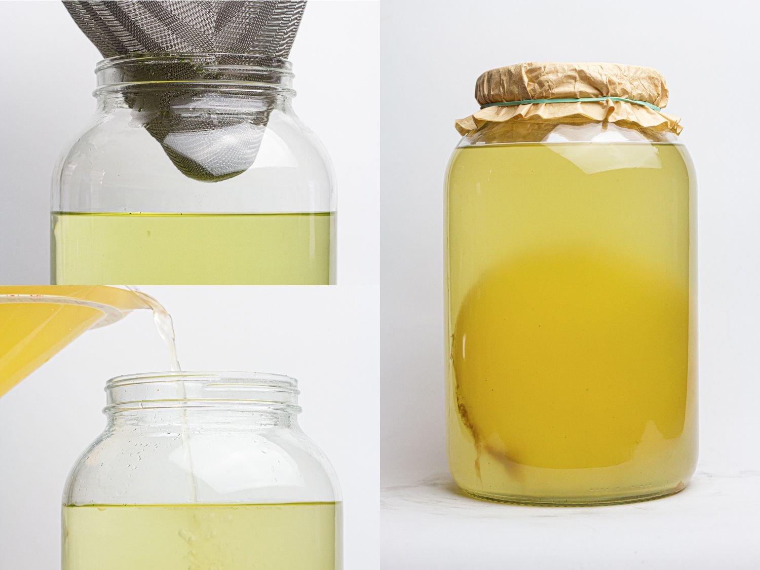 Three image collage of setting up parsley tea Kombucha