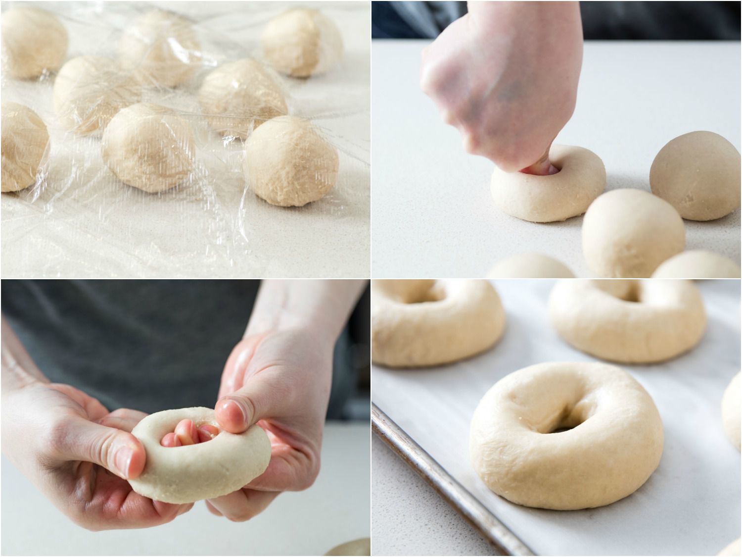 Photo college showing bagel dough balls under plastic wrap, using finger to poke hole in center of one ball, stretching the dough to a 3 1/2 inch ring, then placing on parchment-lined baking sheet.