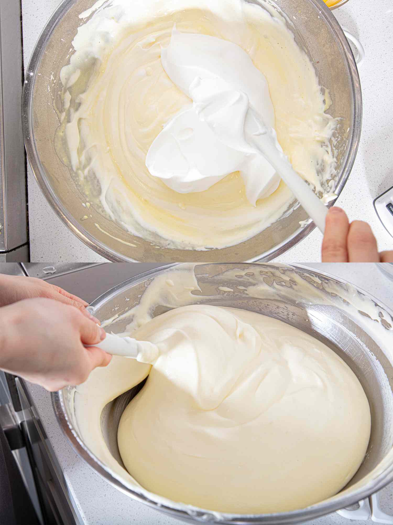 Two image collage of folding meringue in