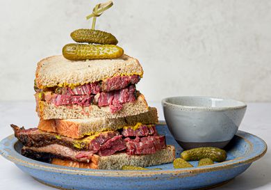 Side view of a montreal smoked meat sandwich