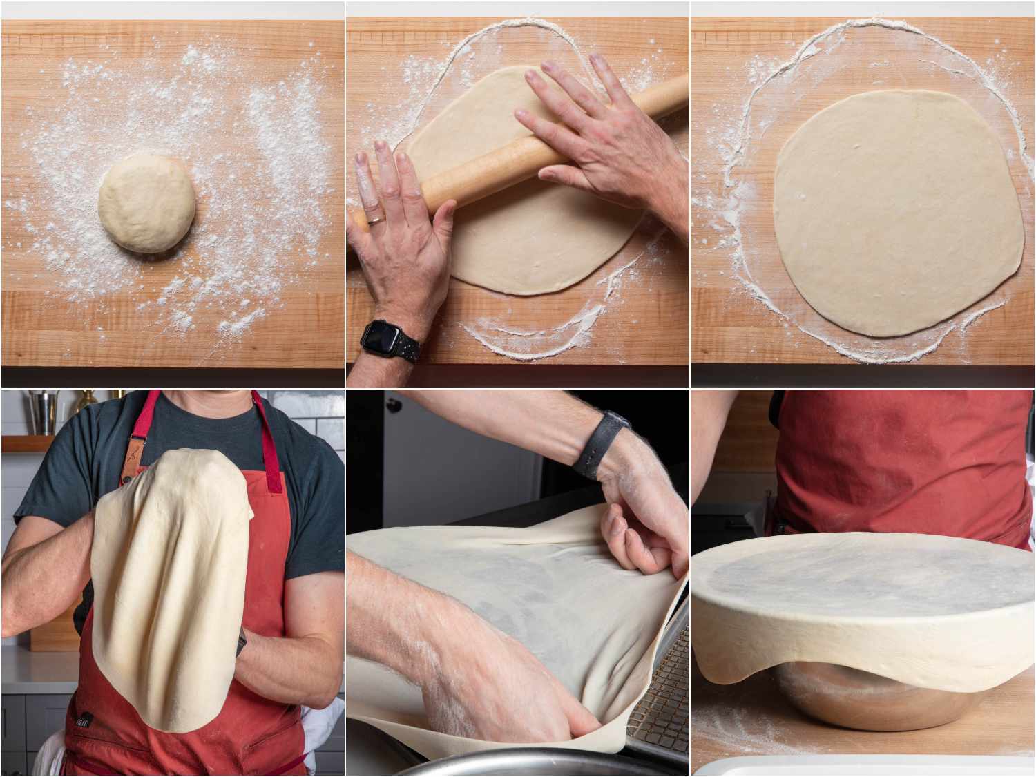 Stretching dough portion into a round and draping over round pizza tray