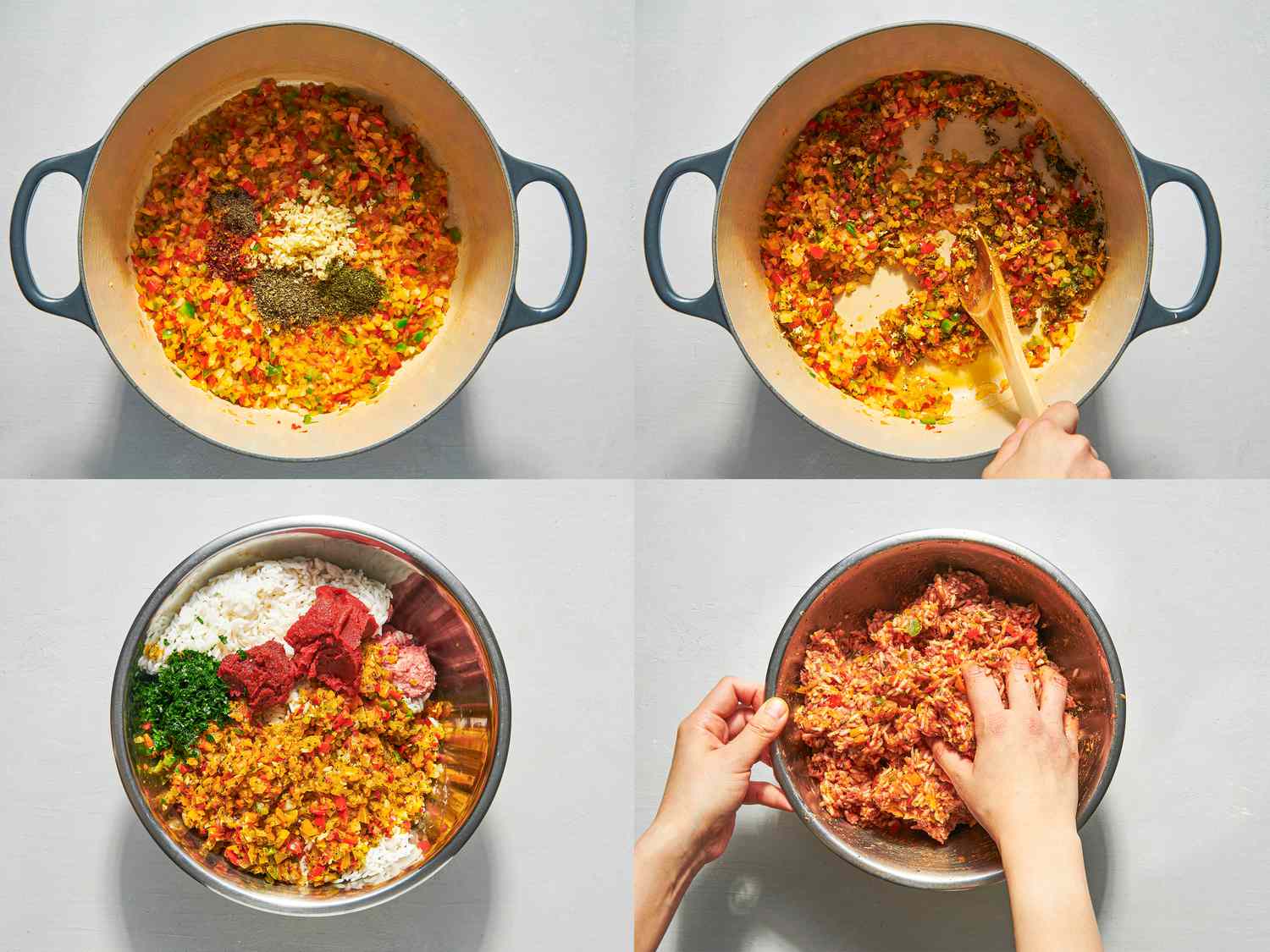 Four image collage of cooking peppers, onions, and mixing together