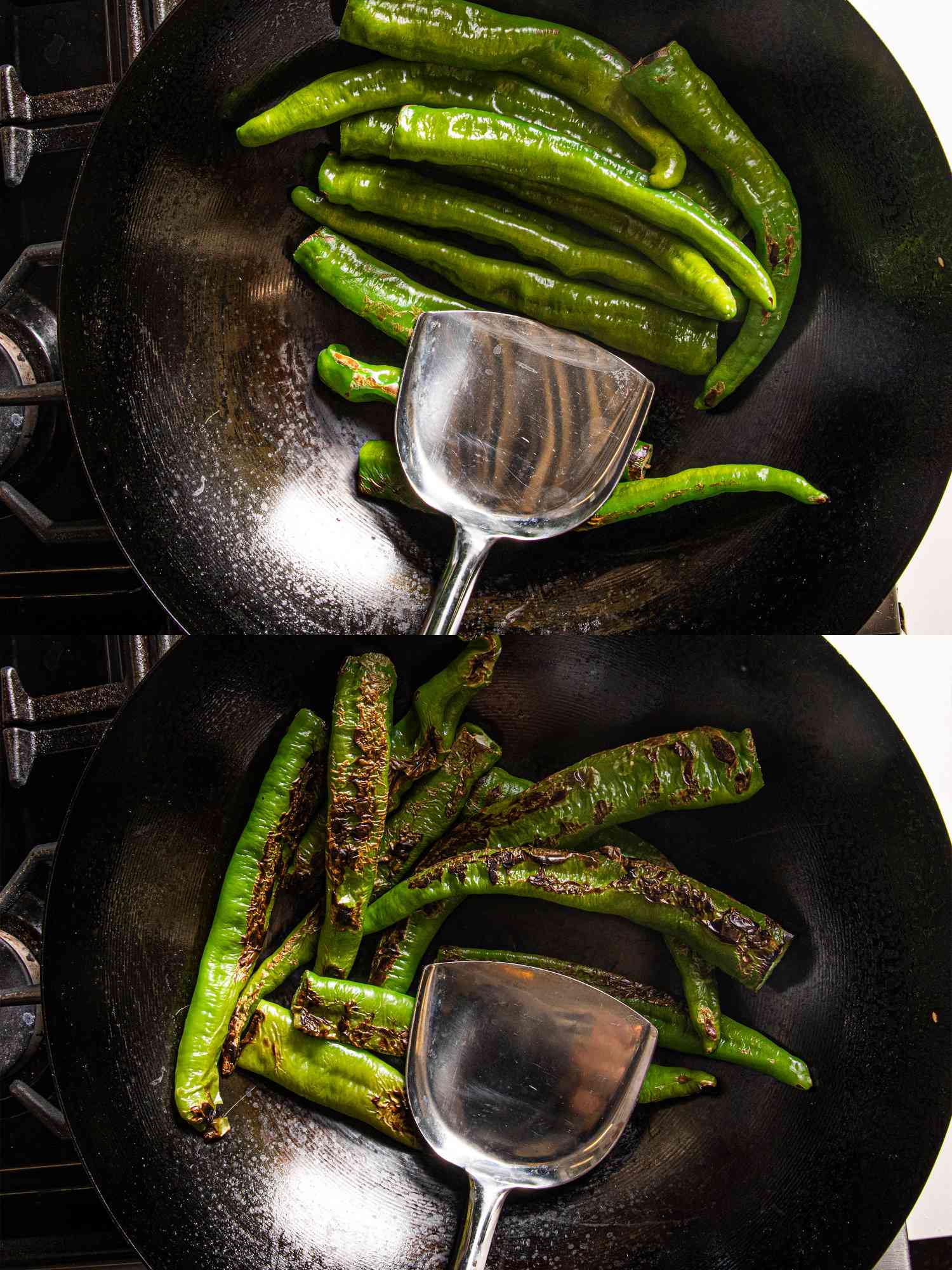 Charring the green peppers in the wok while pressing down with a spatula for good contact