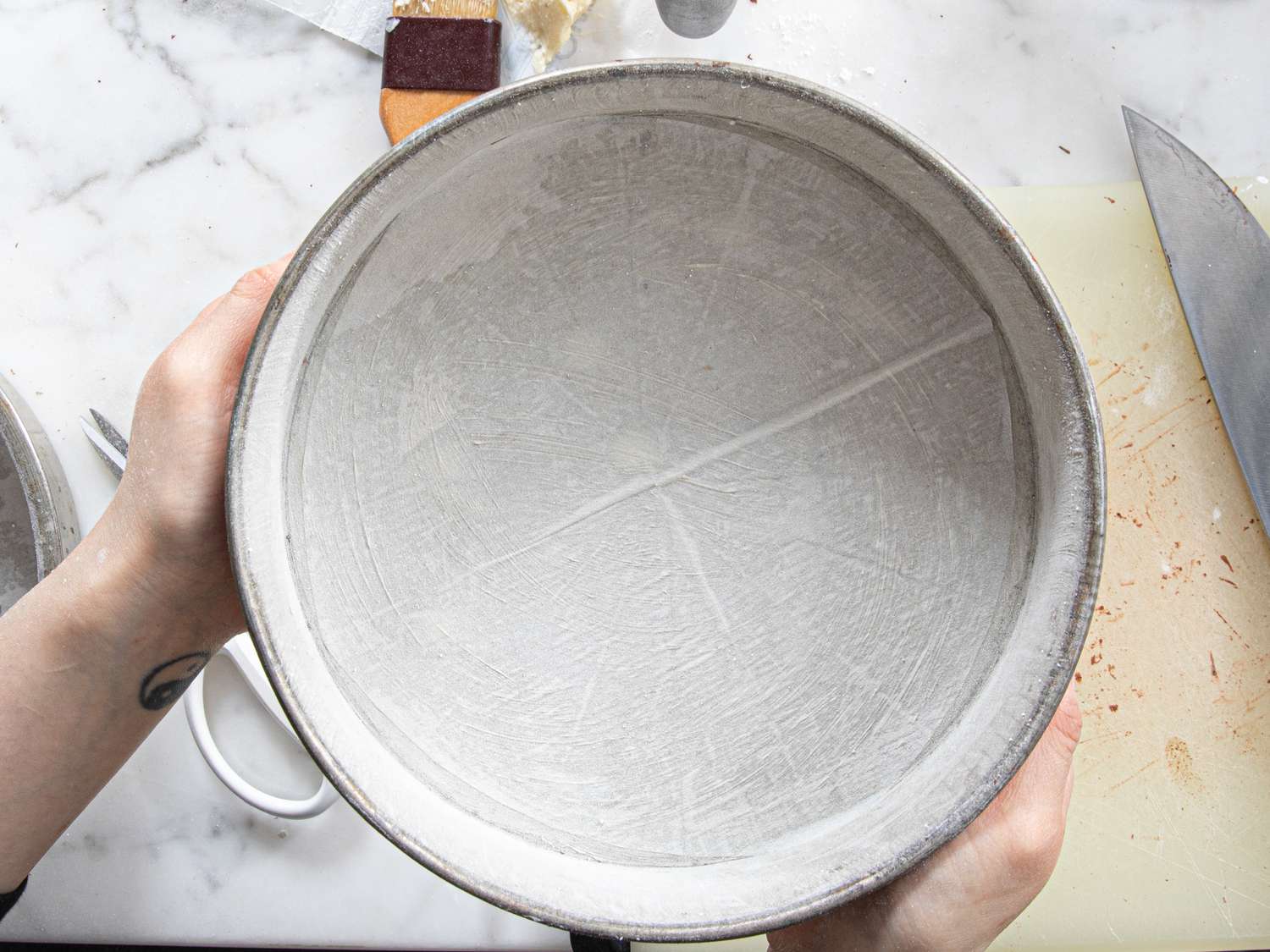 Overhead view of flour in pan 