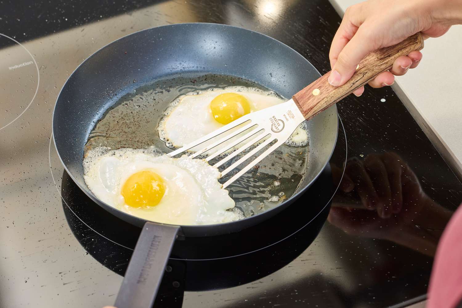 Eggs are cooked in the Merten & Storck Pre-Seasoned 10-inch Carbon Steel Frying Pan