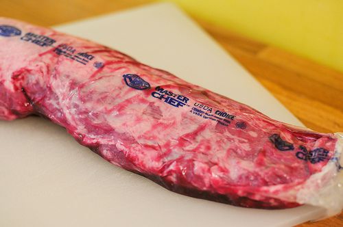 Side view of a packaged beef tenderloin.