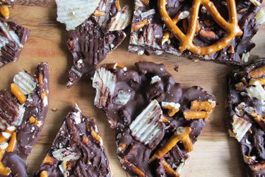 smoked salt, pretzel, and potato chip chocolate bark