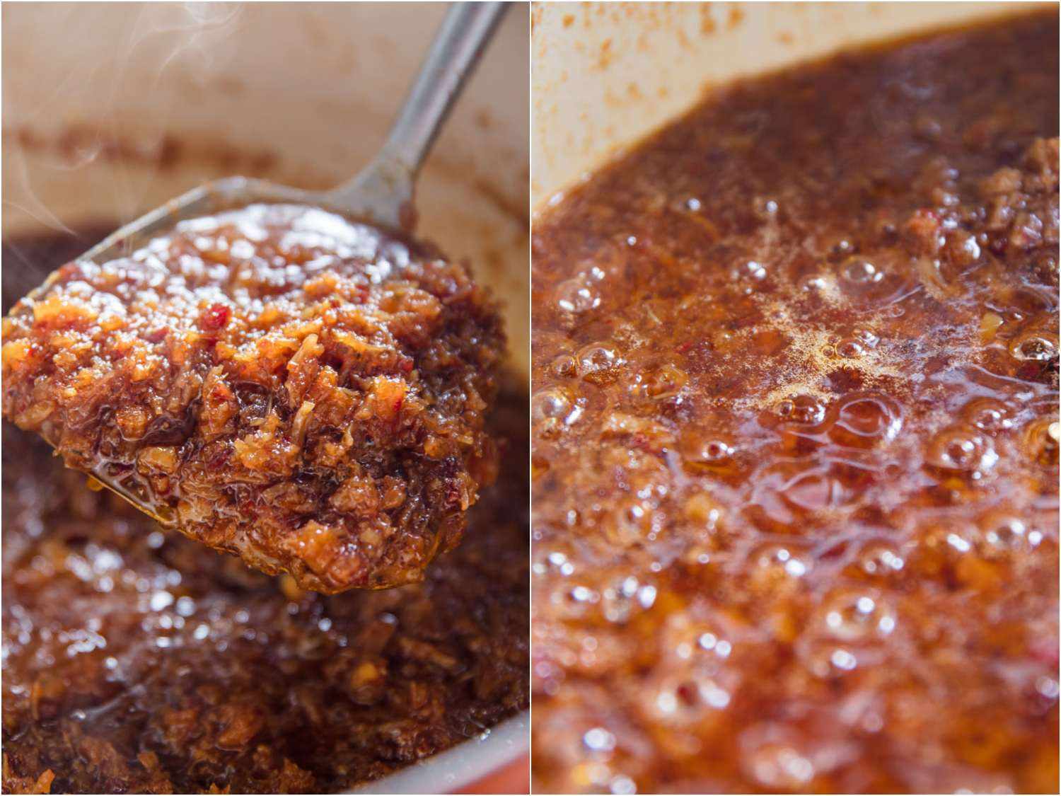 Side by side photos showing XO sauce has turned golden brown and almost all of the liquid has evaporated.