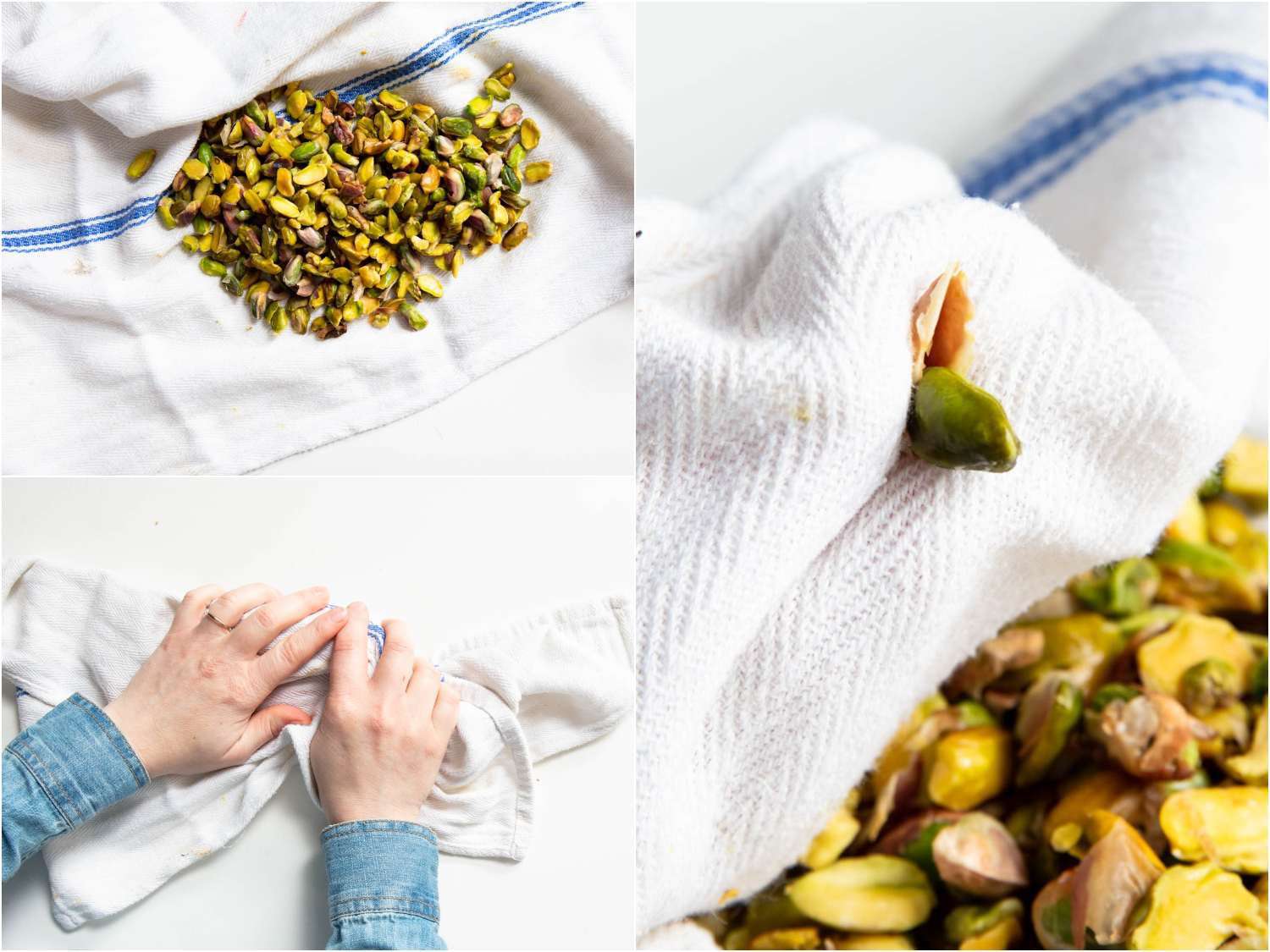 toweling off pistachios to loosen the skin