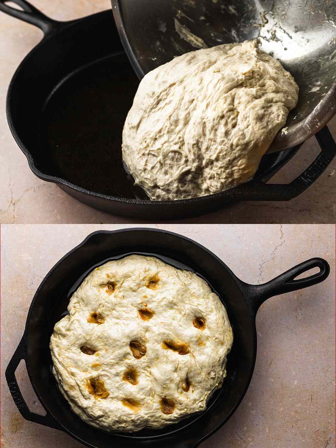A 2-image collage: no-knead focaccia dough being added to cast iron skillet and the dough with small wells of roasted garlic.