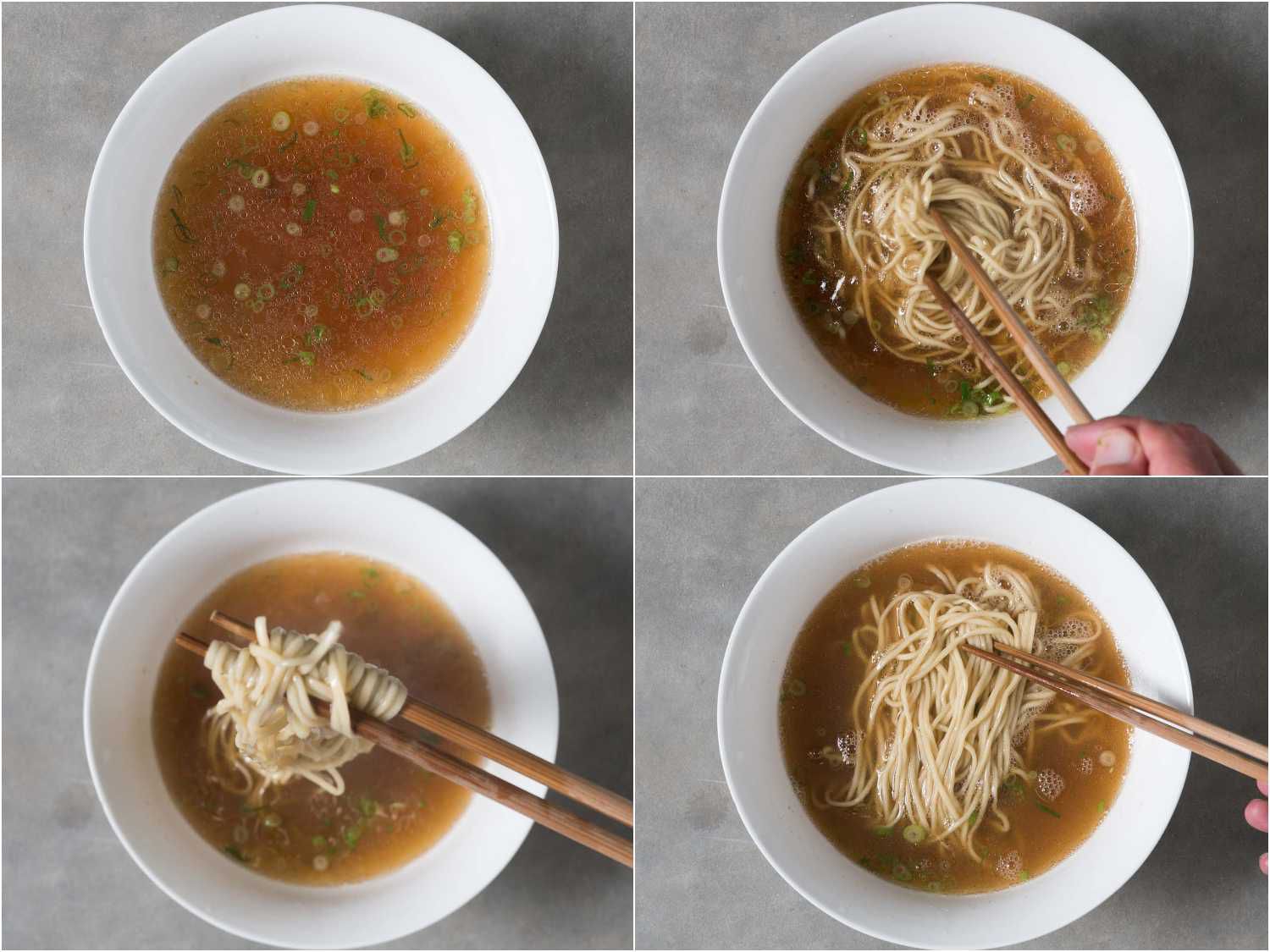 Collage of adding broth and noodles to the serving bowl and mixing it all together.