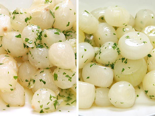 A two-image collage showing pearl onions in a broken sauce and pearl onions after the sauce is emulsified back together.