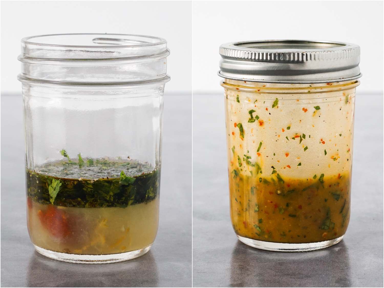 A two-image collage. The left image shows the dressing ingredients combined in a glass jar but not yet mixed. The right image shows the ingredients now fully mixed in the jar.