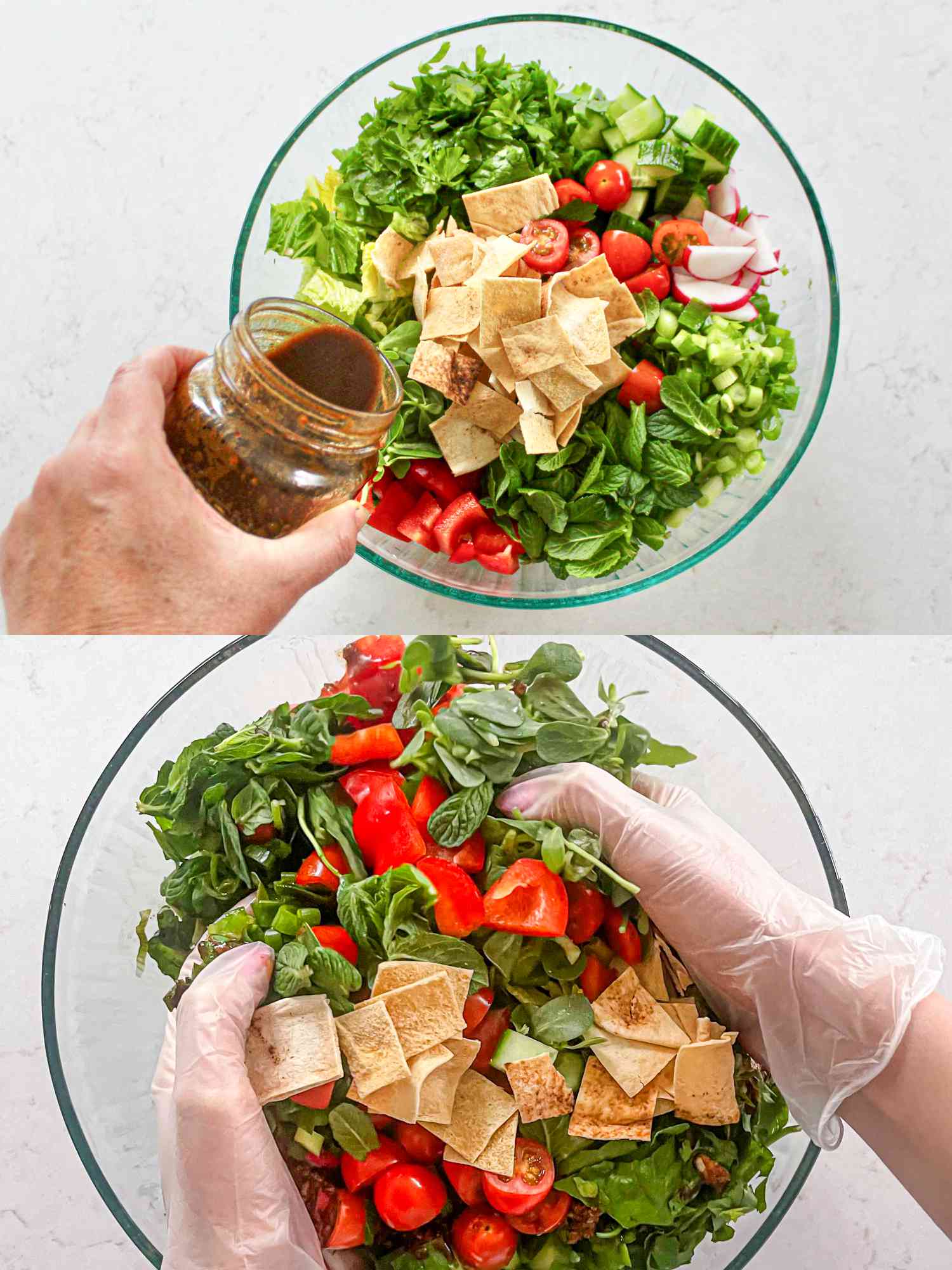 Two image collage of mixing salad together