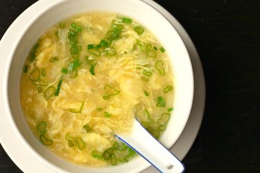 White bowl filled with simple Chinese egg drop soup, topped with scallions, on a dark background.