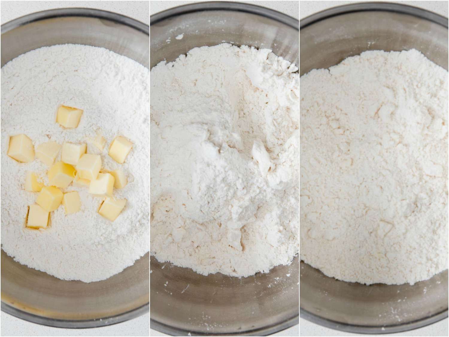 A three-image collage: the leftmost showing butter cubes in a bowl of flour, the middle showing the butter being worked into the flour and the rightmost showing butter disappearing into coarse meal.