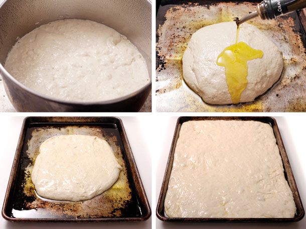 Collage of the dough for sfincione being turned out onto an oil-coated sheet pan, drizzled with more oil, and then stretched to fill the pan.