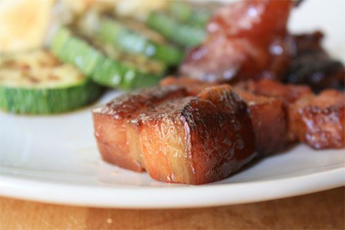 Cooked Chinese bacon with vegetables.